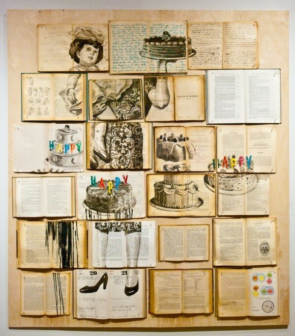 (Ekaterina Panikanova | Happy Happy Happy, Ink, watercolor, and graphite on aged books. Mounted on birch 47″ x 53″, courtesy of Converge Gallery, Williamsport, PA)