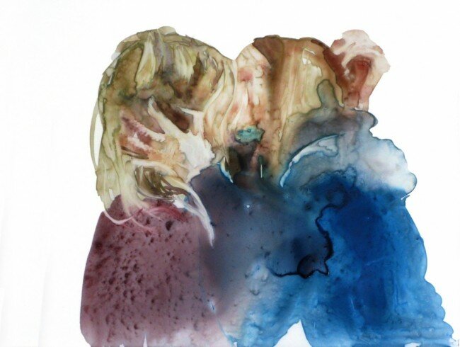 (White Girls Kissing, Molly Segal watercolor on yupo paper 11.5" x 8.5" 2011)